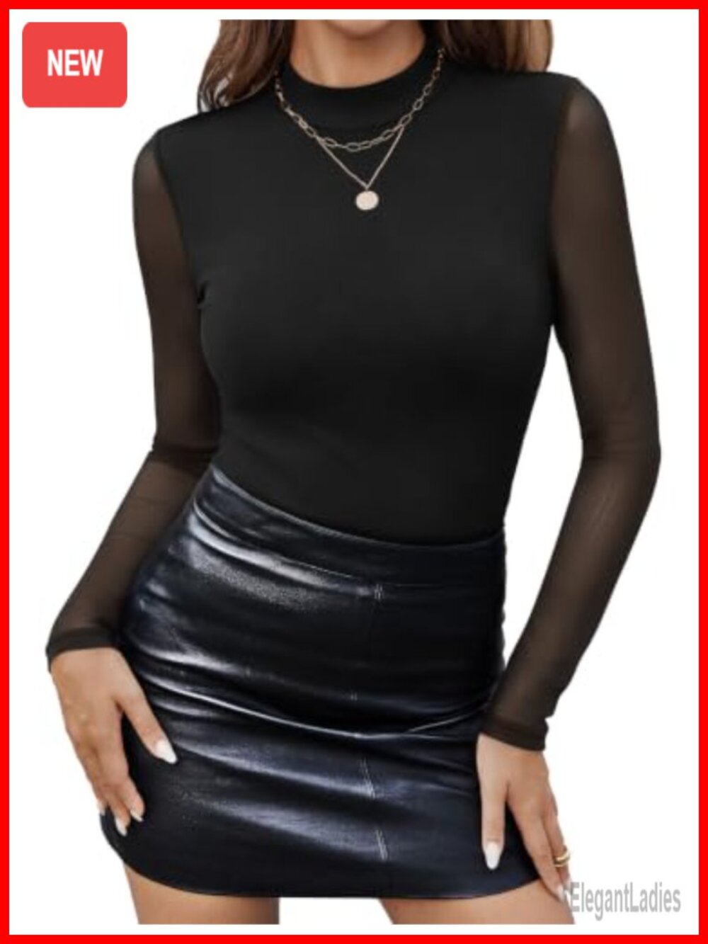 Mock Neck Mesh Long Sleeve Blouse Double Lined Slim Fit Top
